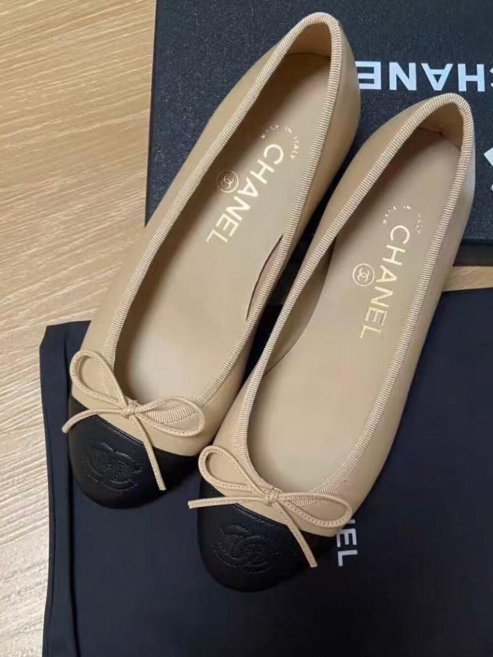 Chanel Two‑Tone Beige Black Bow Ballet Flats CC Logo Leather Shoes